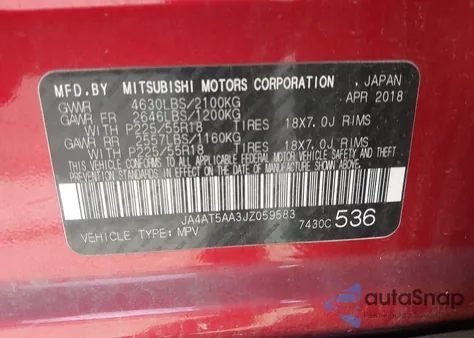 2018 Mitsubishi Eclipse Cross Se z USA, uszkodzony, nr VIN JA4AT5AA3JZ059583